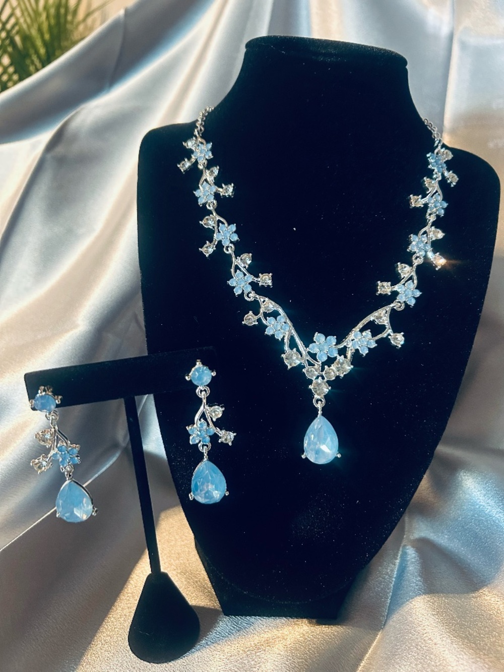Silver and Blue earrings and necklace set